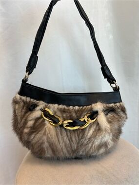 Paolo Masi brown mink fur black leather shoulder bag gold chain link